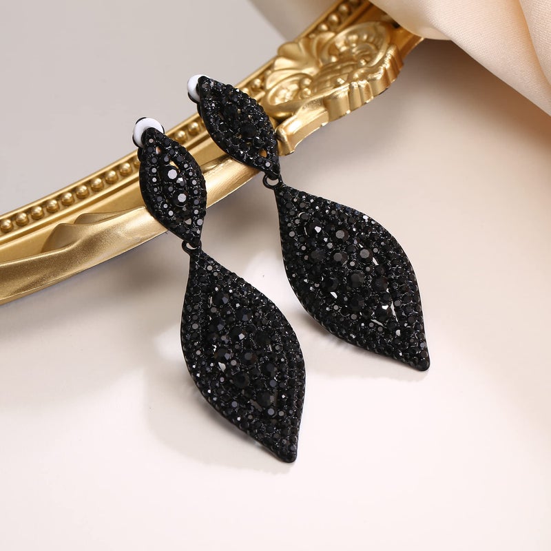 Flyonce Clip On Earrings for Women, Glitter Rhinestone Crystal Wedding Bridal Clip-on Drop Dangle Earring for Non Pierced Ears Black Black-Tone - Image 5